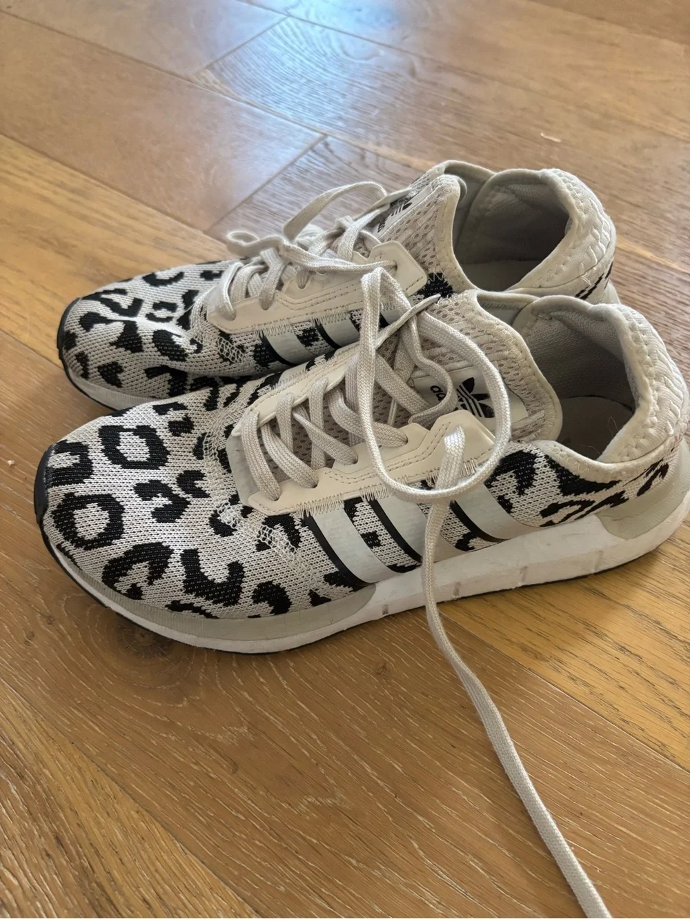 adidas Women's Athletic Sneakers in Black and Cream Leopard Knit